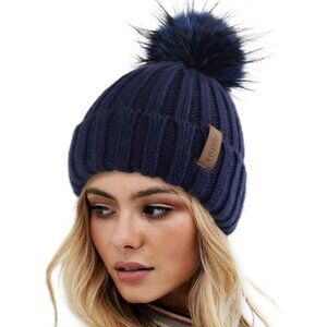 Women's Navy Winter Warm Knitted Beanie Faux Fur Pom Knit Skull Style Hat Cap